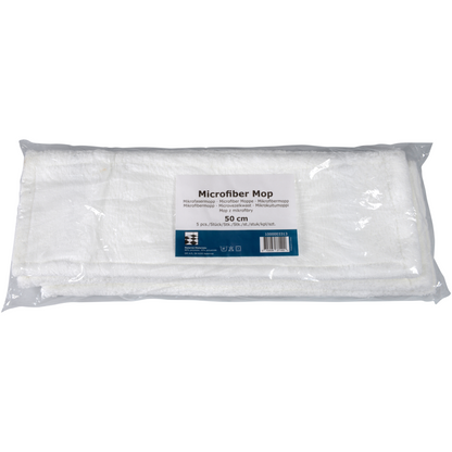 Abgebildet ist ein verpackter Mikrofasermopp Standard, Weiß der Abena Re-Seller GmbH mit einer Länge von 50 cm in einer durchsichtigen Kunststoffhülle mit einem Produktetikett, das den Namen, die Größe und Informationen zur nachhaltigen Reinigung enthält.