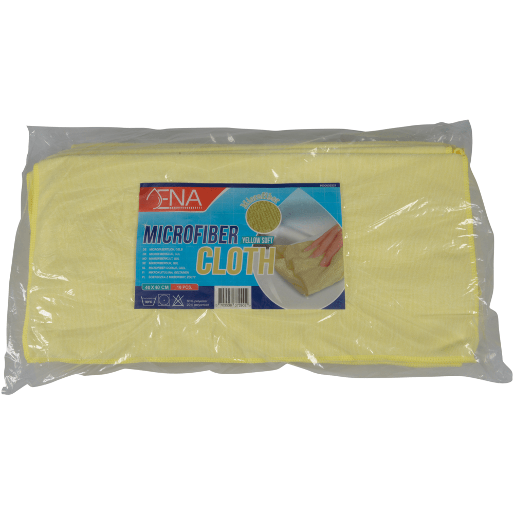 Mikrovláknový hadřík ENA Soft od společnosti Abena Re-Seller GmbH (40x40 cm) je dodáván v průhledném obalu s informacemi o produktu a obrázkem ruky, která používá žlutý mikrovláknový hadřík pro péči o auto, takže tento čisticí hadřík je viditelný a přístupný.
