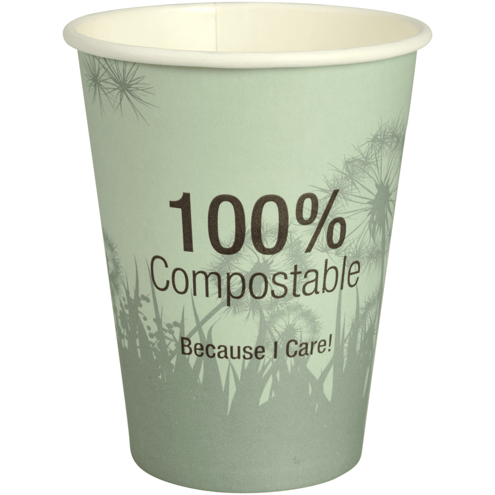 Kompostovatelný kávový hrnek "Dandelion" od Abena Re-Seller GmbH je zelený hrnek s nápisem "100% Compostable Because I Care!" a decentním motivem pampelišky v pozadí.