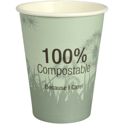 Kompostovatelný kávový hrnek Abena Re-Seller GmbH "Dandelion" je zelený kávový hrnek s nápisem "100% Compostable Because I Care!" a siluetovým motivem rostlin a pampelišek v pozadí.