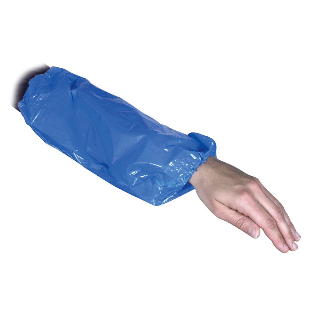 Paže, která nosí návlek na rukáv, 40 cm, 30 my PE, modrý od Abena Re-Seller GmbH s gumičkou na zápěstí a nadloktí, zobrazená izolovaně na bílém pozadí. Balení: 100 kusů.