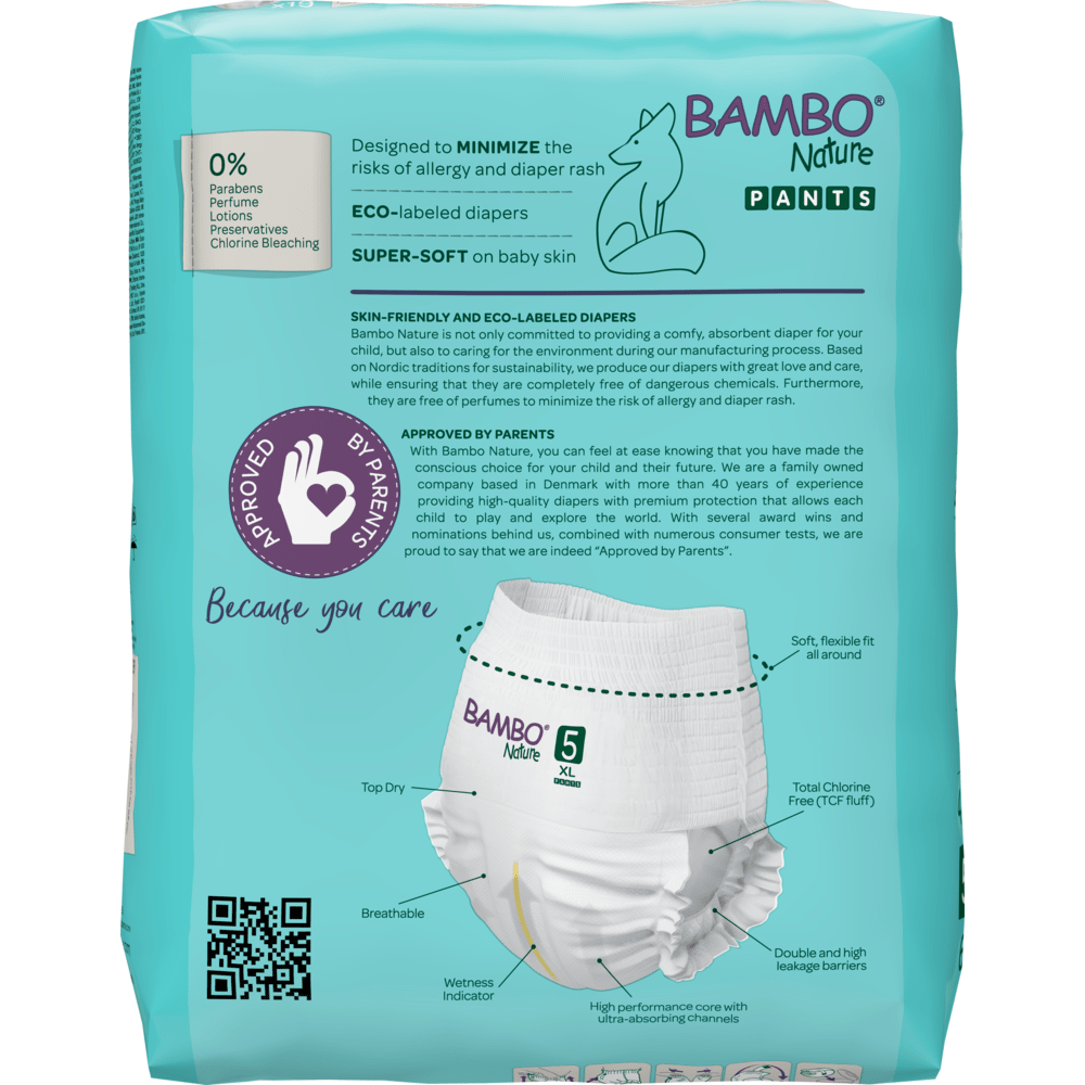 Balení Bambo Nature Pants, velikost 5, od společnosti Abena Re-Seller GmbH se vyznačuje ekologickými plenkami s ekologickým označením, které jsou prodyšné a mají flexibilní tvar. Hlavní vlastnosti jsou zobrazeny na tyrkysovém balení.