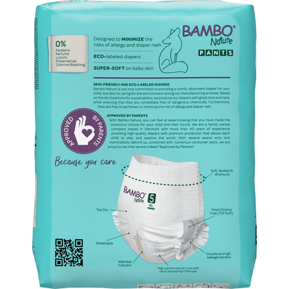 Balení Bambo Nature Pants, velikost 5, od společnosti Abena Re-Seller GmbH se vyznačuje ekologickými plenkami s ekologickým označením, které jsou prodyšné a mají flexibilní tvar. Hlavní vlastnosti jsou zobrazeny na tyrkysovém balení.