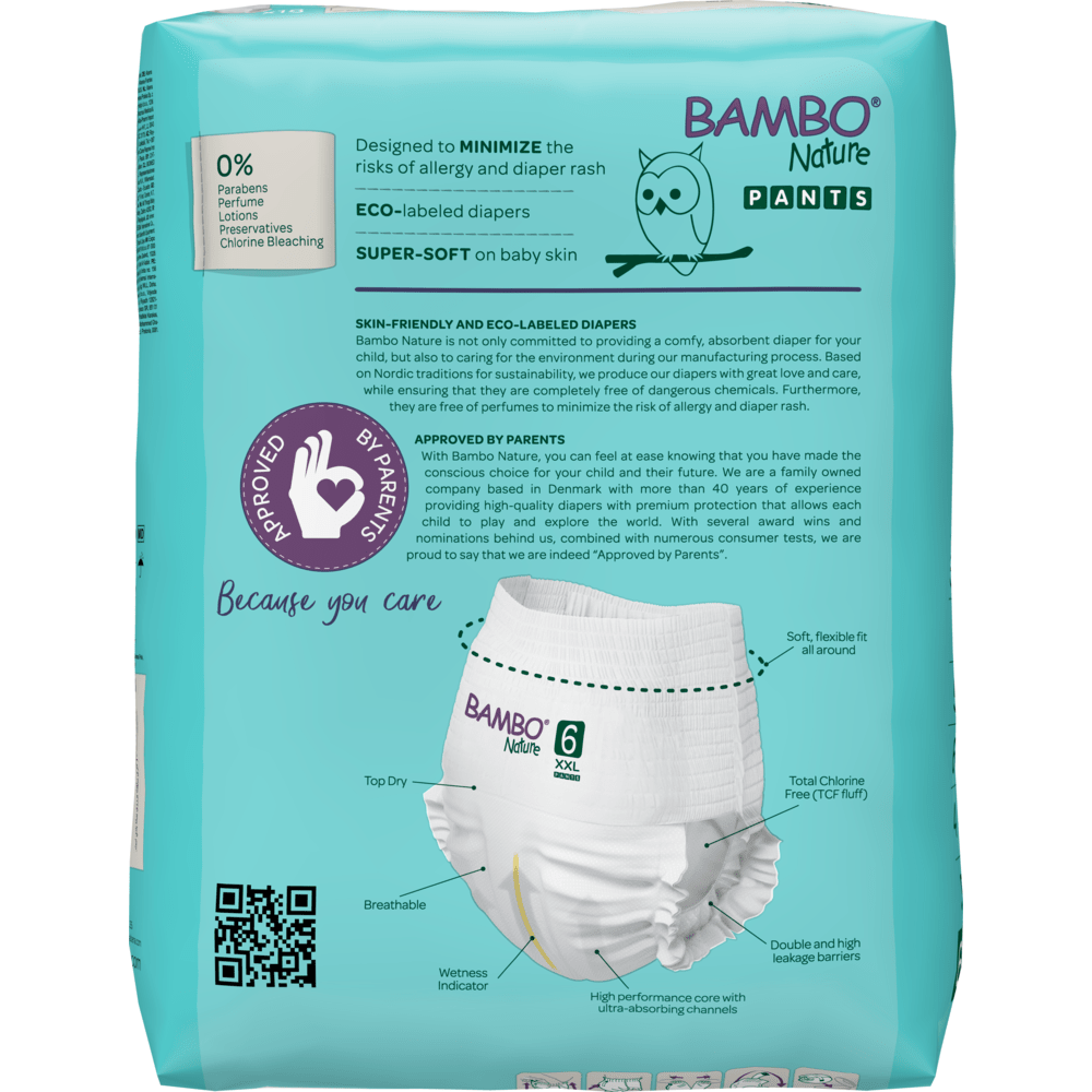 Zadní strana tyrkysových Bambo Nature Pants (velikost 6 XXL) od společnosti Abena Re-Seller GmbH, s ekologickým označením pro ekologické a k pokožce šetrné pleny, superměkké, minimalizuje alergie, a zobrazuje obrázek pleny.