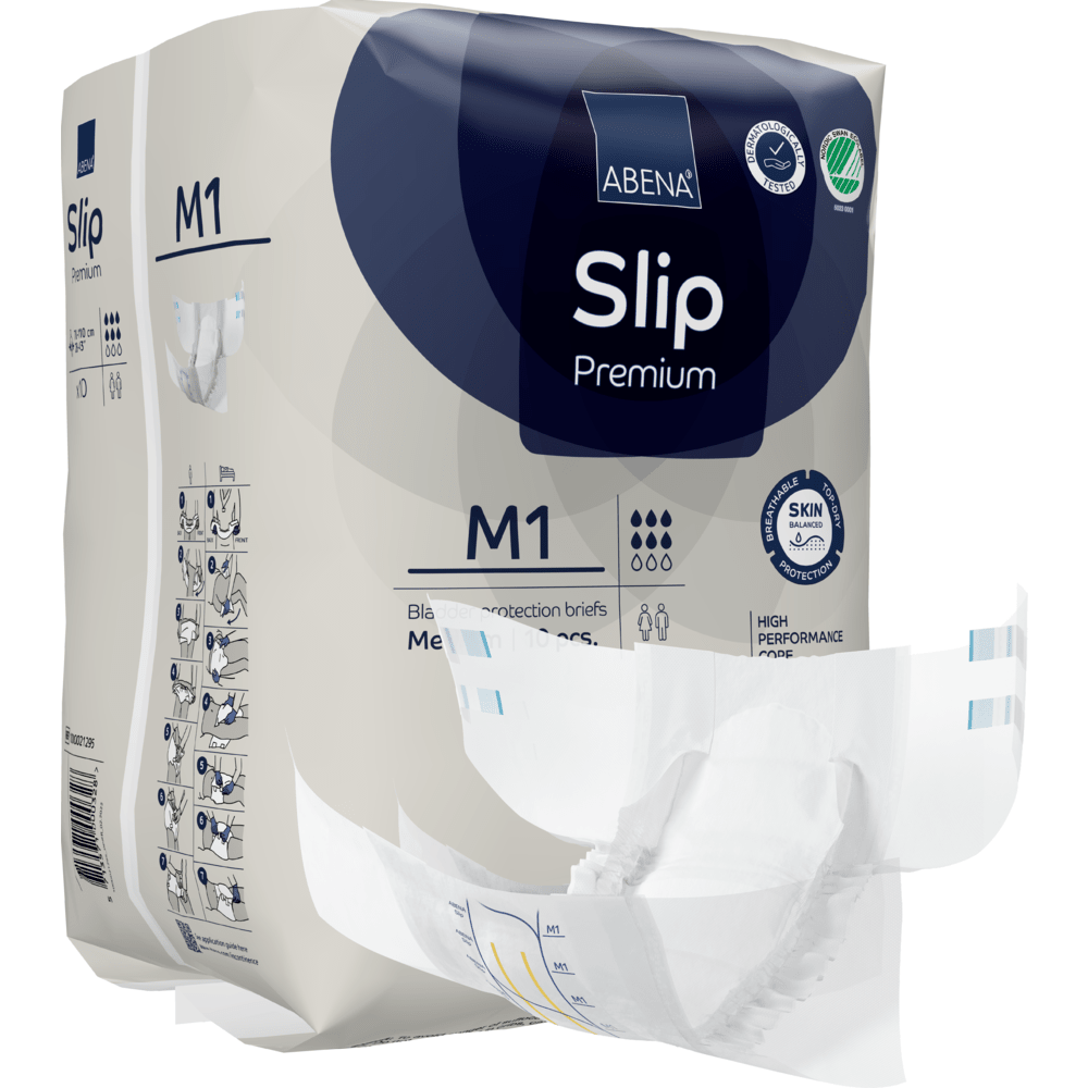 Zobrazeno je balení ABENA Slip Premium od Abena Re-Seller GmbH, přičemž slip byl částečně odstraněn, aby ukázal design. Balení zdůrazňuje detaily produktu a ikony pro klíčové vlastnosti.