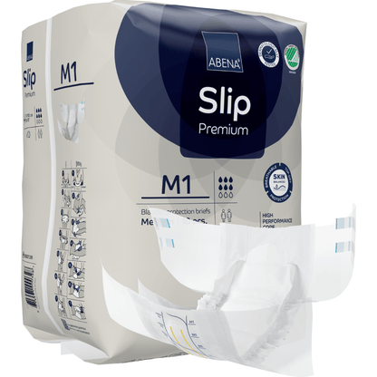 Zobrazeno je balení ABENA Slip Premium od Abena Re-Seller GmbH, přičemž slip byl částečně odstraněn, aby ukázal design. Balení zdůrazňuje detaily produktu a ikony pro klíčové vlastnosti.