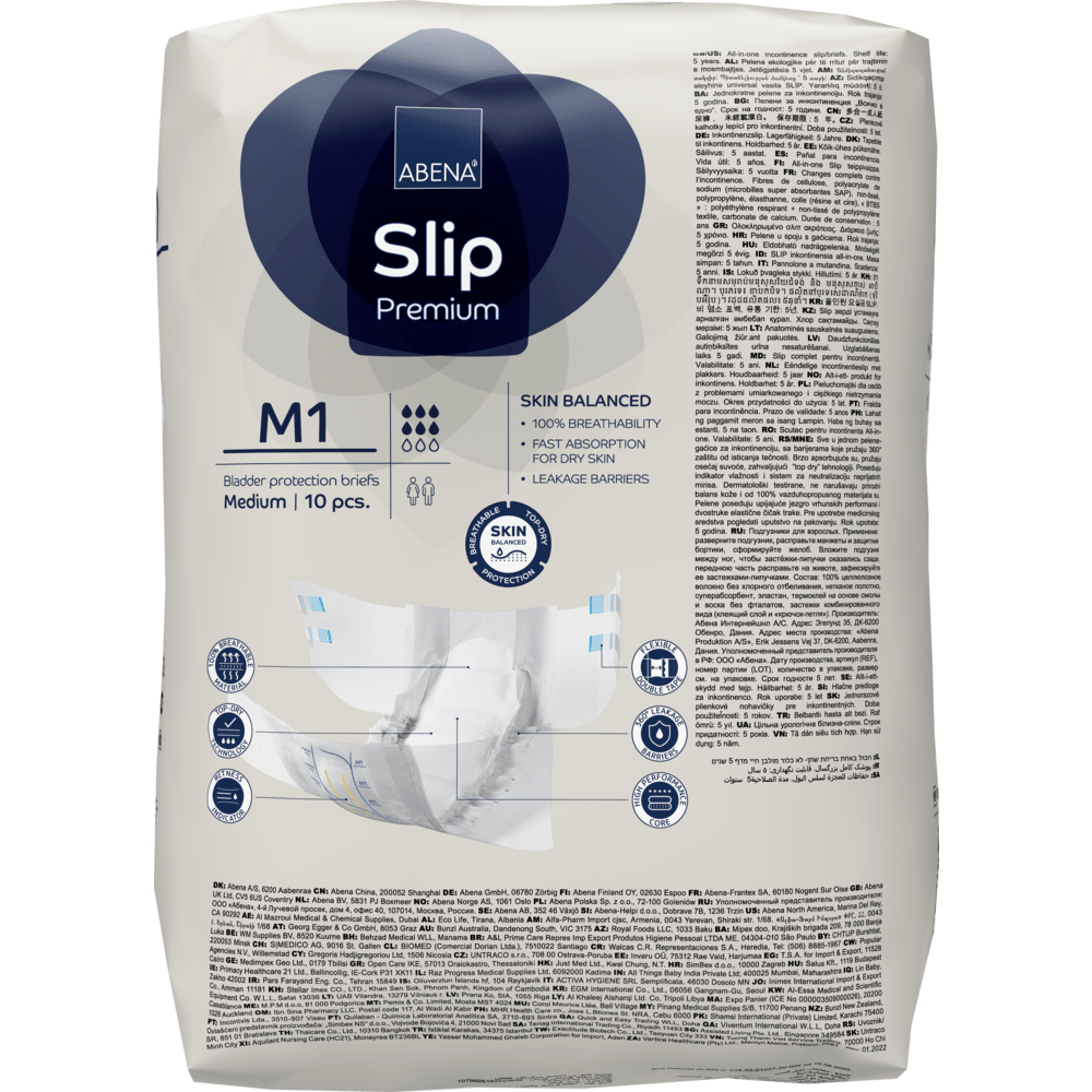 Balení ABENA Slip Premium od Abena Re-Seller GmbH, střední velikost, 10 kusů. Vyvinuto pro péči o inkontinenci s vícejazyčným obalem, který obsahuje vlastnosti, certifikace a pokyny k použití.