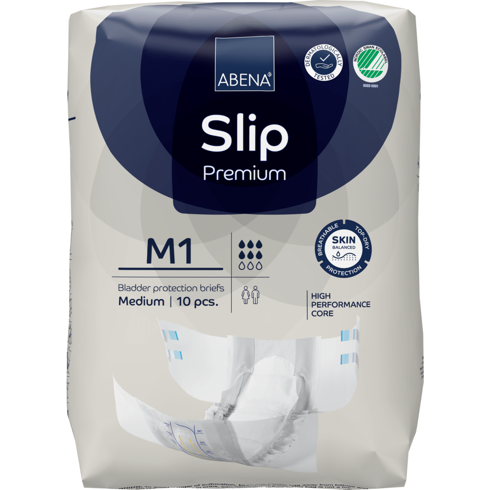ABENA Slip Premium od Abena Re-Seller GmbH, střední velikost, balení po 10 kusech. Vyvinuto pro péči o inkontinenci s vysoce výkonným jádrem a pokročilou ochranou pokožky, jak je uvedeno na obalu.
