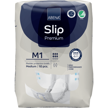 ABENA Slip Premium od Abena Re-Seller GmbH, střední velikost, balení po 10 kusech. Vyvinuto pro péči o inkontinenci s vysoce výkonným jádrem a pokročilou ochranou pokožky, jak je uvedeno na obalu.