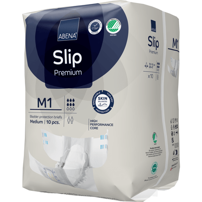 Balení ABENA Slip Premium od Abena Re-Seller GmbH, velikost M1 (střední), obsahuje 10 kusů a vyznačuje se materiály šetrnými k pokožce a výkonným jádrem pro efektivní ochranu proti inkontinenci.