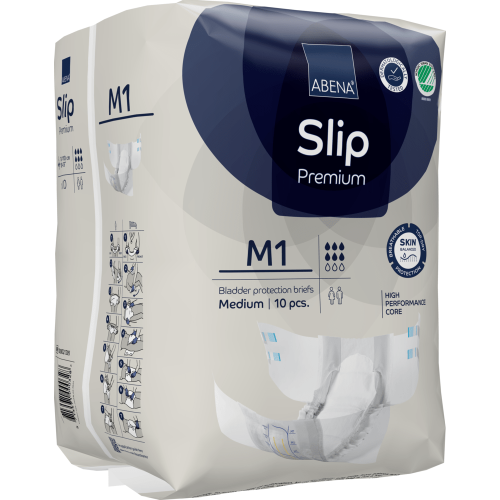 Balení po 10 kusech ABENA Slip Premium od Abena Re-Seller GmbH, střední velikost, vyniká materiálem šetrným k pokožce, výkonným jádrem a ilustrovaným návodem pro optimální péči o inkontinenci.