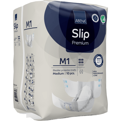 Balení po 10 kusech ABENA Slip Premium od Abena Re-Seller GmbH, střední velikost, vyniká materiálem šetrným k pokožce, výkonným jádrem a ilustrovaným návodem pro optimální péči o inkontinenci.