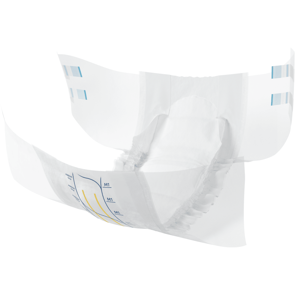 ABENA Slip Premium od Abena Re-Seller GmbH má elastické konce nohavic, boční lepící uzávěry a modro/žluté indikační čáry, které jsou zobrazeny otevřeně a izolovaně na bílém pozadí, aby zajistily optimální péči o inkontinenci.