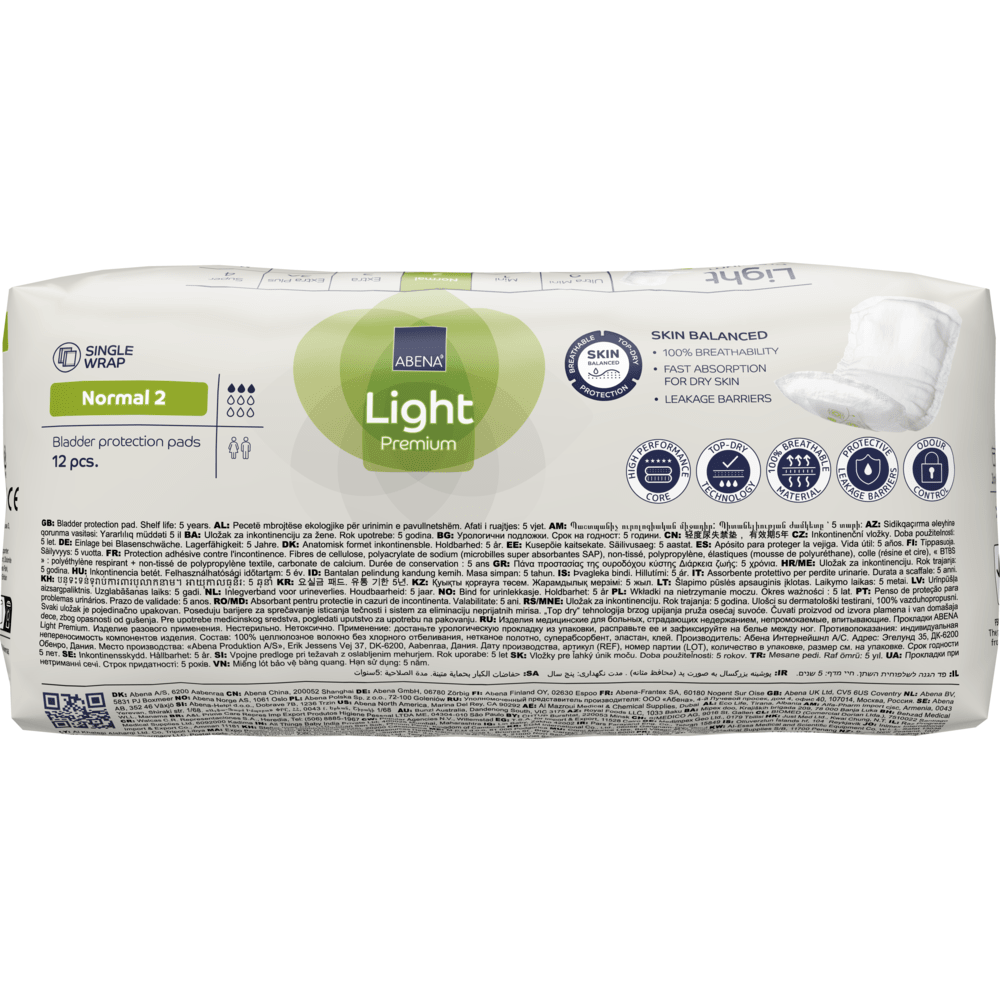 Balení ABENA Light Normal 2, Premium od Abena Re-Seller GmbH (12 kusů) nabízí ochranu proti úniku moči úrovně 2 se savostí, rovnováhou pokožky, rychlou absorpcí a bariérami proti tekutinám pro efektivní ochranu.