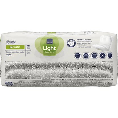 Balení ABENA Light Normal 2, Premium od Abena Re-Seller GmbH (12 kusů) nabízí ochranu proti úniku moči úrovně 2 se savostí, rovnováhou pokožky, rychlou absorpcí a bariérami proti tekutinám pro efektivní ochranu.