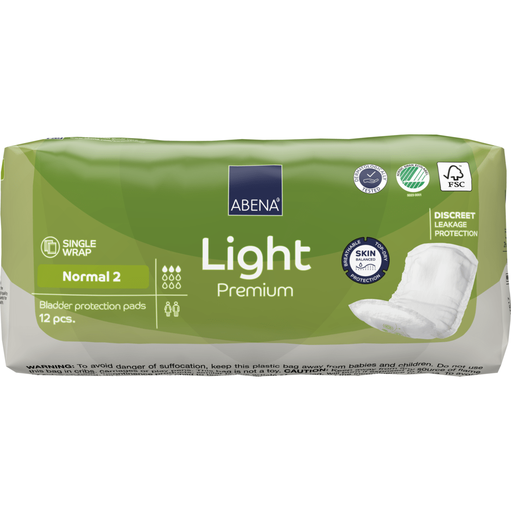 Balení ABENA Light Normal 2, Premium od Abena Re-Seller GmbH (12 kusů) nabízí diskrétní ochranu proti úniku a vysokou savost. Zeleno-bílý obal ukazuje s informacemi o produktu a piktogramy rozšířené výhody.