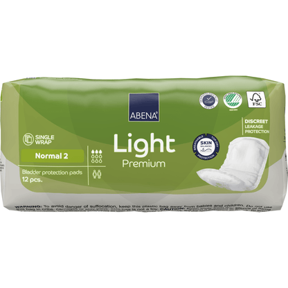 Balení ABENA Light Normal 2, Premium od Abena Re-Seller GmbH (12 kusů) nabízí diskrétní ochranu proti úniku a vysokou savost. Zeleno-bílý obal ukazuje s informacemi o produktu a piktogramy rozšířené výhody.