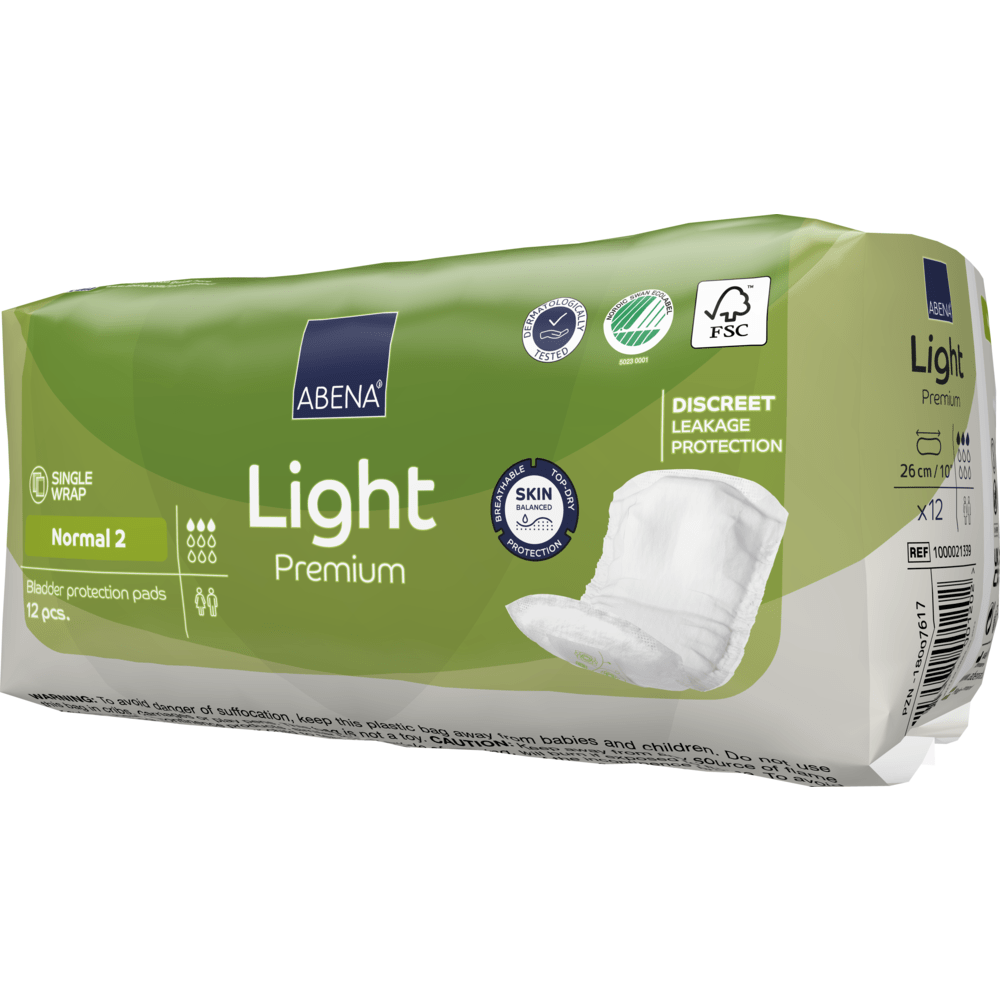 Zeleno-bílý balíček ABENA Light Normal 2, Premium (12 kusů) od Abena Re-Seller GmbH, který se vyznačuje diskrétní ochranou proti úniku, vysokou savostí, šetrností k pokožce, certifikací FSC a zobrazením vložky.