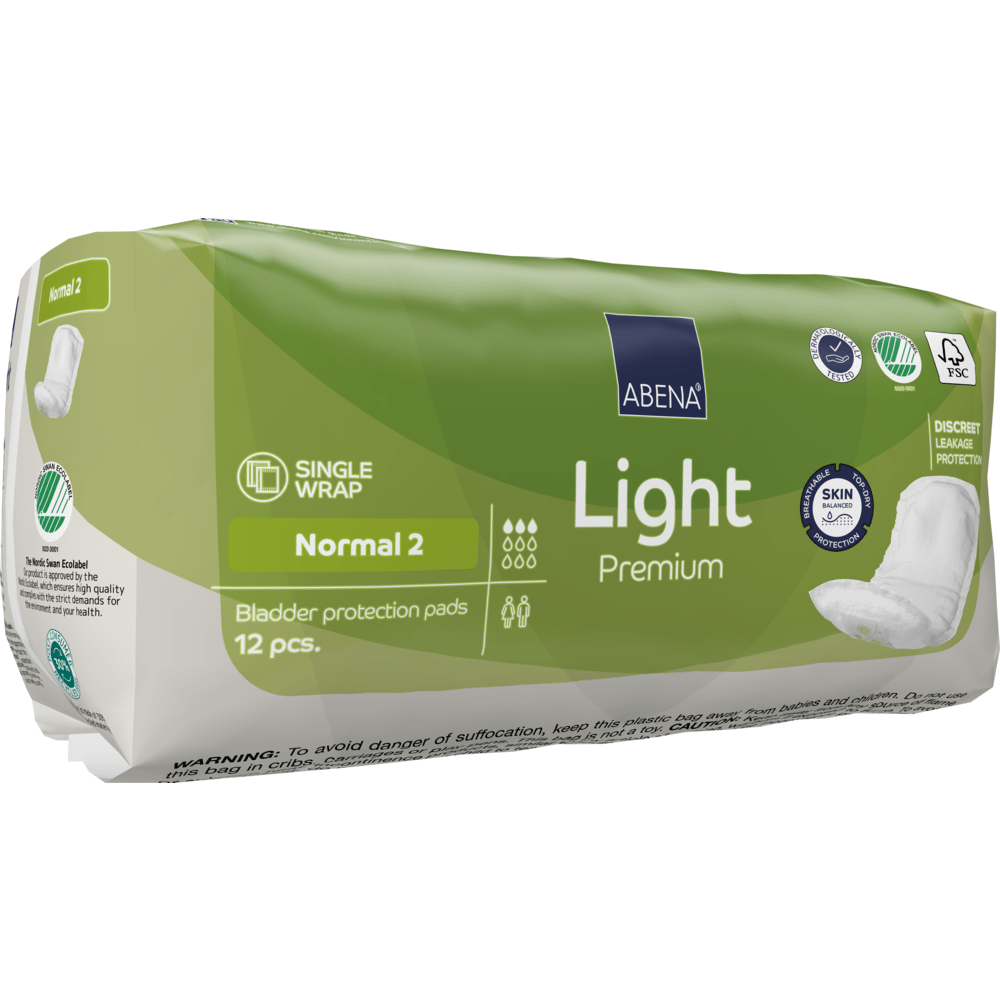 Zelený balíček ABENA Light Normal 2, Premium od Abena Re-Seller GmbH obsahuje 12 vložek. Obal obsahuje informace o savosti, hlavní výhody produktu a symboly pro šetrnost k pokožce a diskrétní ochranu.