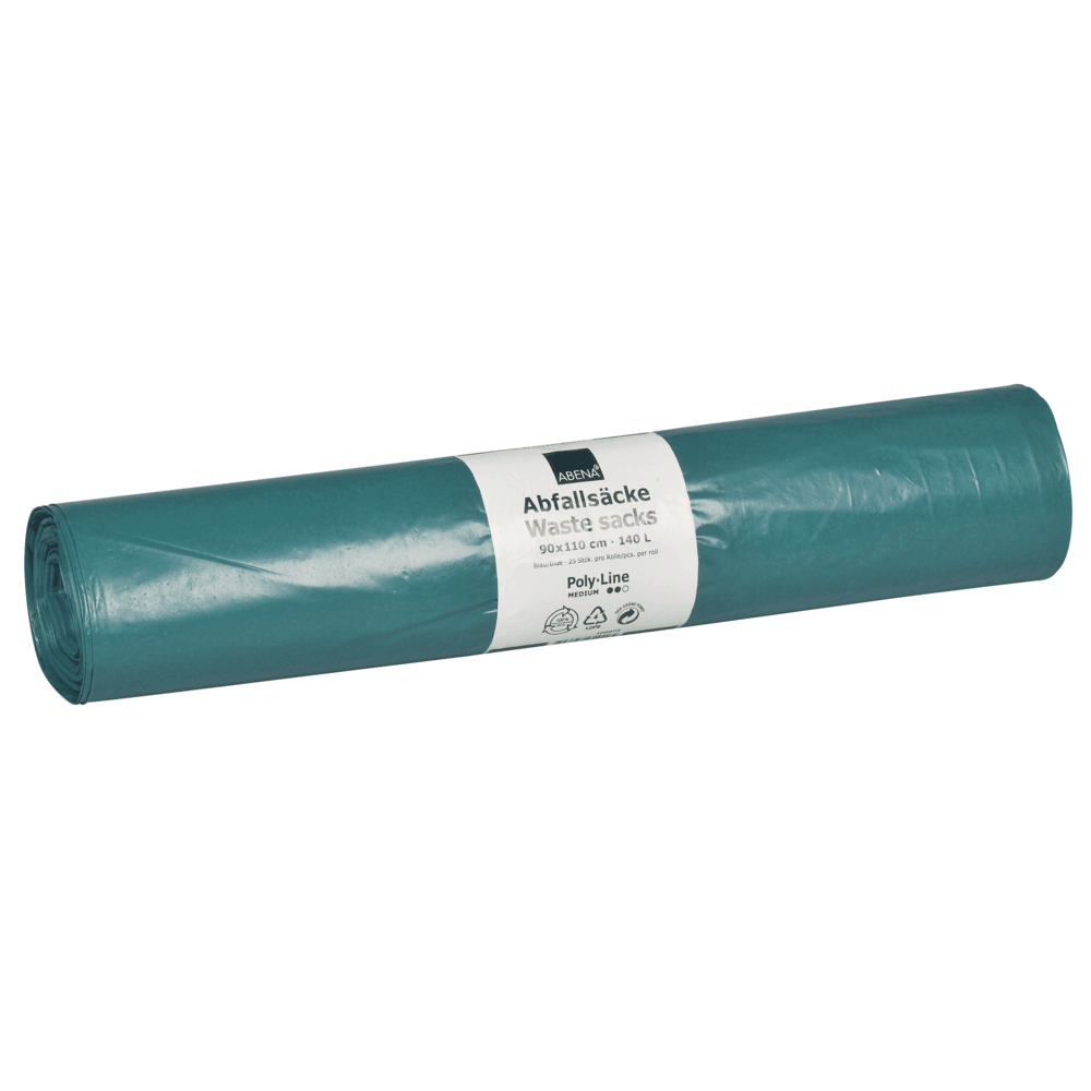 Role modrých Abena Re-Seller GmbH LDPE odpadkových pytlů 140 L (900x1100 mm, 38 my, 25 pytlů/role) s bílou etiketou s údaji "Odpadkové pytle", "Odpadkové pytle", údaji o velikosti a recyklačními symboly.