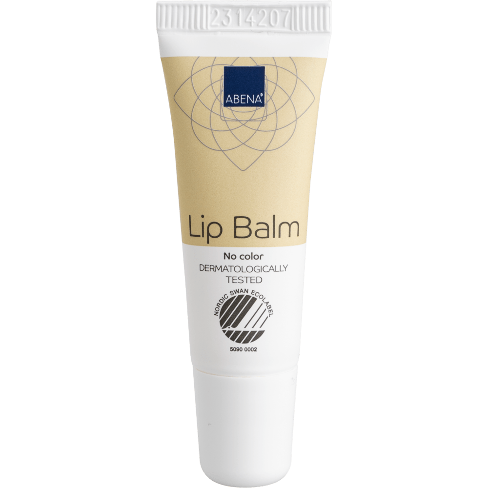 Béžovo-bílá 10ml tuba balzámu na rty od Abena Re-Seller GmbH s bílým víčkem a nápisy "No color", "DERMATOLOGISCH GEPRÜFT" a s ekologickou značkou Nordic Swan poskytuje hydrataci pro měkké, zdravé rty. K dispozici jako karton (300 balení).