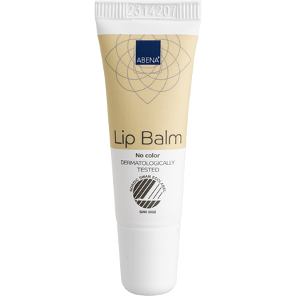 Béžovo-bílá 10ml tuba balzámu na rty od Abena Re-Seller GmbH s bílým víčkem a nápisy "No color", "DERMATOLOGISCH GEPRÜFT" a s ekologickou značkou Nordic Swan poskytuje hydrataci pro měkké, zdravé rty. K dispozici jako karton (300 balení).
