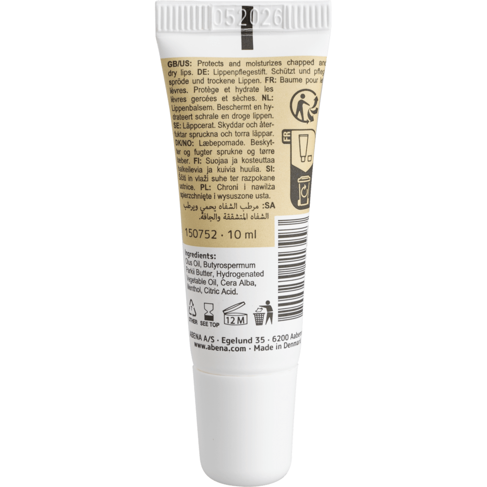 Bílá 10ml tuba balzámu na rty od Abena Re-Seller GmbH s béžovou etiketou obsahuje informace o produktu, pokyny k použití v několika jazycích, složení, symboly, bílé víčko a datum spotřeby "05 2026" na horní straně; k dispozici v kartonech po 300 kusech.