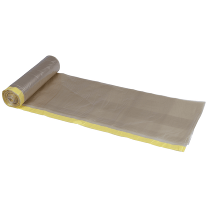 Částečně odvinutá role odpadkových pytlů Abena Re-Seller GmbH 120 L, transparentní se žlutou šňůrkou (700x1010mm, 55 my), 10 sáčků na roli, je zobrazena na bílém pozadí.