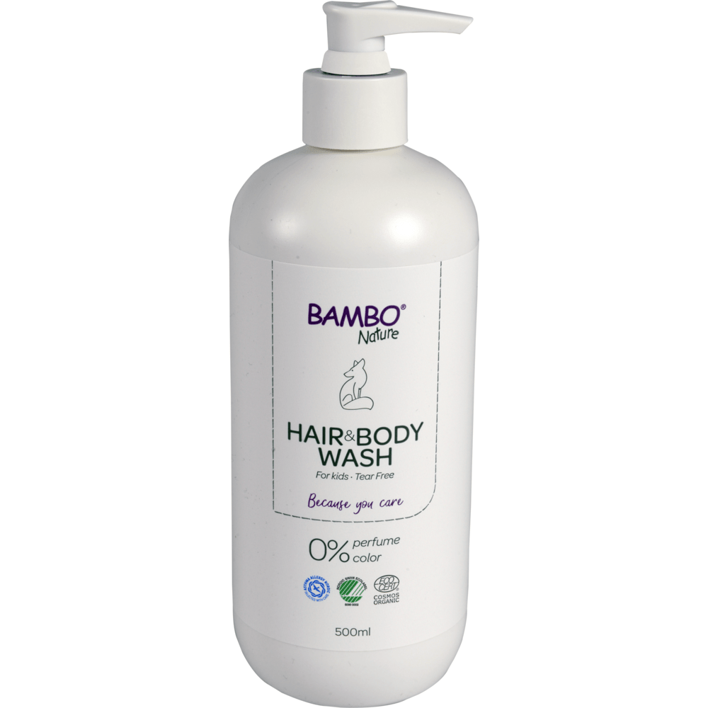 Šampon pro děti Bambo Nature na pokožku a vlasy od společnosti Abena Re-Seller GmbH je dodáván v 500 ml lahvi. Bez slz, 0 % parfému a barvy, pro děti s citlivou pokožkou, ekologicky certifikovaný - ideální jako dětský šampon a pro čištění těla. Balení po 6 kusech.