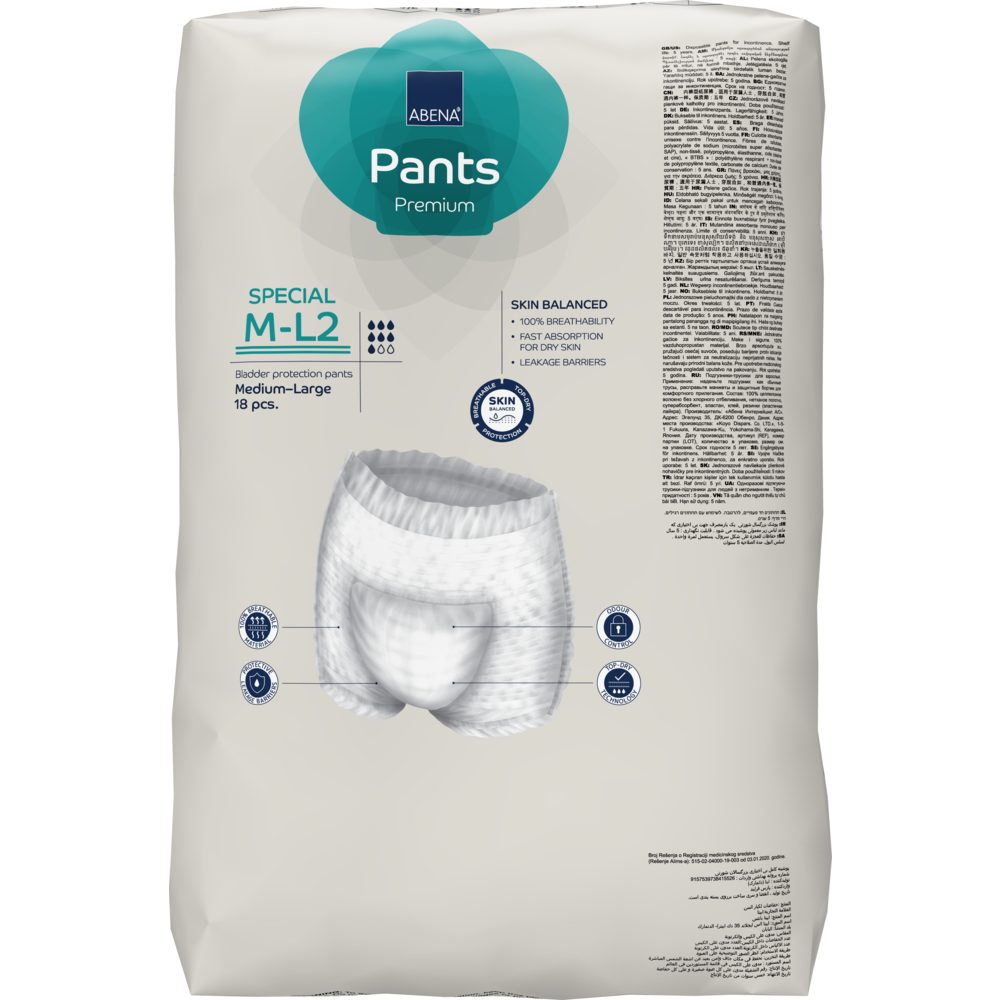 Eine Packung ABENA Pants Special Premium von Abena Re-Seller GmbH, Größe mittelgroß, 18 Stück. Die Verpackung zeigt die Produktdetails, das Bild der Hose und Informationen zur Hautbalance für die Inkontinenzversorgung von Erwachsenen.
