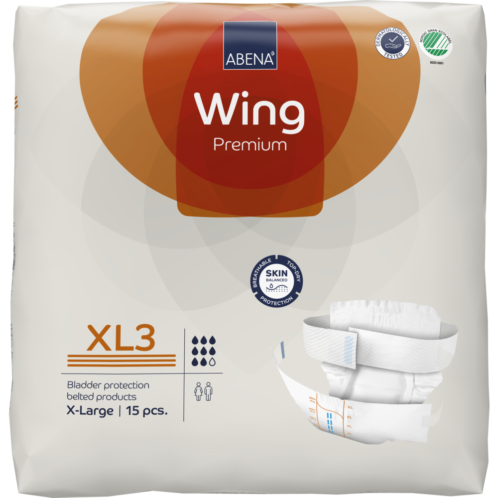Eine Packung ABENA Wing Premium von Abena Re-Seller GmbH, Größe X-Large, 15 Stück, mit dem Produktbild und den Icons für ultimativen Schutz, Saugfähigkeit und Gebrauchstauglichkeit.