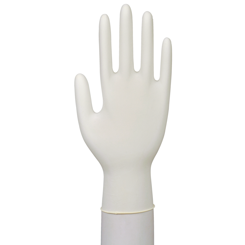 Ein einzelner Abena Re-Seller GmbH Latex-Handschuh Classic, puderfrei und naturfarben, ist auf einem zylindrischen Ständer mit gespreizten Fingern und nach vorn gerichteter Handfläche präsentiert - ideal für medizinische Einrichtungen.