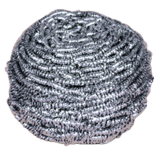 Nahaufnahme einer Abena Re-Seller GmbH Edelstahlspirale, 60 g, Packung (10 Stück): ein runder silberner Scheuerschwamm aus eng gewickelten Metallfäden zur Reinigung, dargestellt vor weißem Hintergrund.