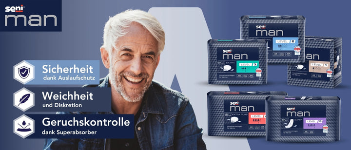 Werbebanner für Seni Man: Ein lächelnder, grauhaariger Mann in Jeanshemd blickt entspannt in die Kamera. Rechts daneben sind mehrere Verpackungen der Seni Man Inkontinenzeinlagen für Männer in verschiedenen Saugstärken (Level 1 bis 5, Normal, Extra, Extra Plus und Super) abgebildet. Icons und Textfelder heben die Produktvorteile hervor: „Sicherheit dank Auslaufschutz“, „Weichheit und Diskretion“ sowie „Geruchskontrolle dank Superabsorber“. Farbgestaltung in Blautönen.