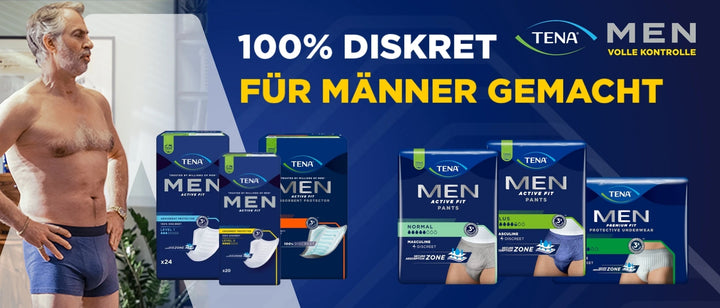 Werbung für TENA MEN Inkontinenzprodukte. Links steht ein älterer Mann in Unterwäsche, rechts sind verschiedene Produktverpackungen der TENA MEN Active Fit und Premium Fit Serien abgebildet. Auf blauem Hintergrund steht der Text: „100% diskret – Für Männer gemacht“. Darüber das TENA MEN Logo mit dem Zusatz „Volle Kontrolle“.