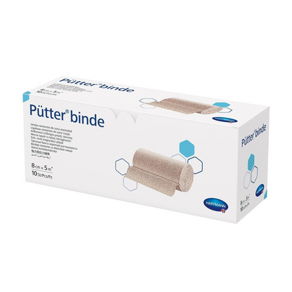 Krabice Hartmann Pütter-Verband® od společnosti Paul Hartmann AG, na jejíž straně jsou vidět obrázky produktu, který je druhem kohezivního obvazu. Balení je v modré a bílé barvě s textem a je dostupné...