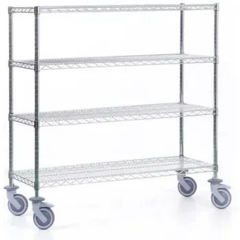 Vozík Novocal z přesné oceli, niklovaný a vysoce leskle chromovaný, se 4 rohovými sloupky a 4 policemi je ideální pro skladování a flexibilní přepravu zboží. Balení: 1 kus.