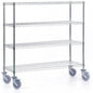 Vozík Novocal z přesné oceli, niklovaný a vysoce leskle chromovaný, se 4 rohovými sloupky a 4 policemi je ideální pro skladování a flexibilní přepravu zboží. Balení: 1 kus.