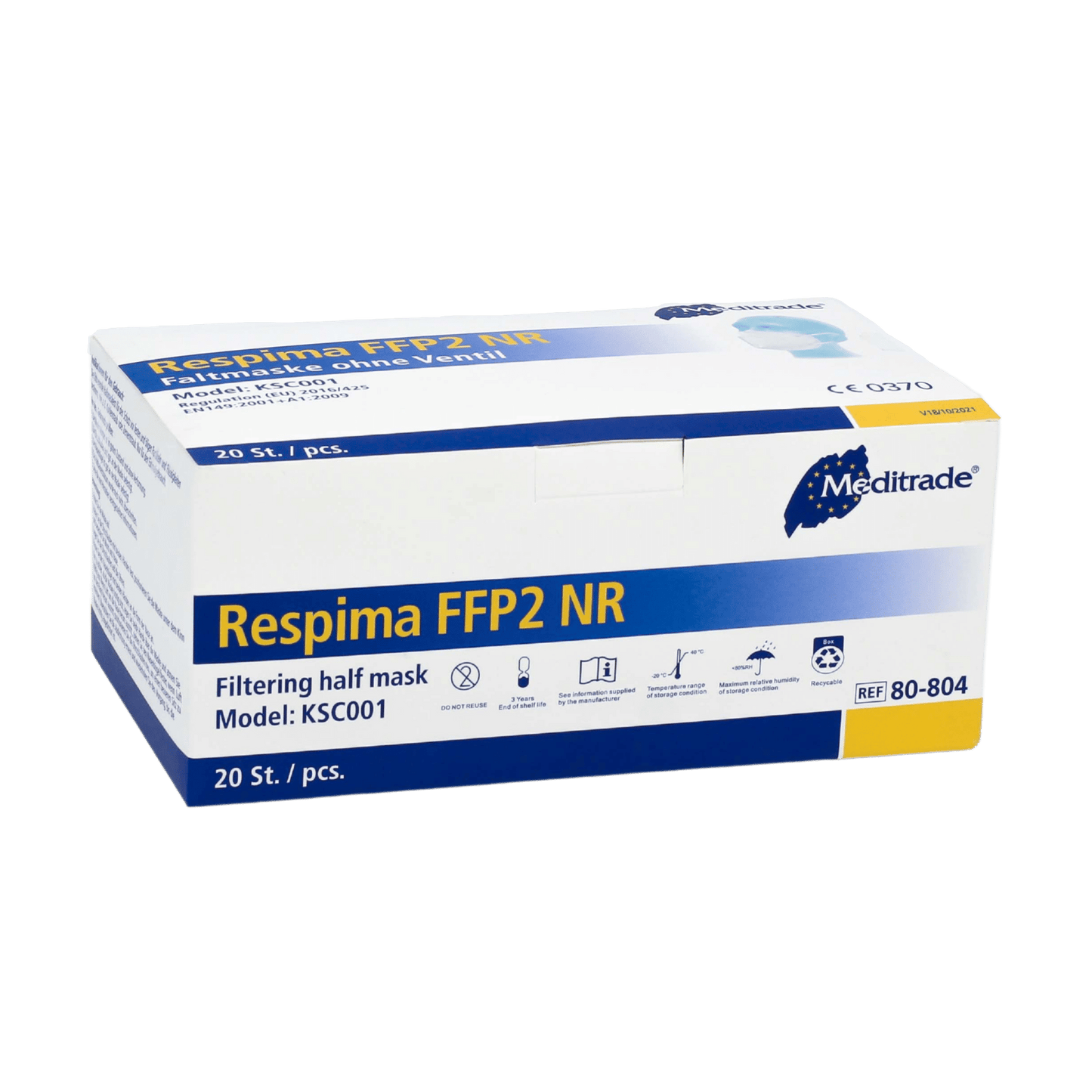 Krabice respirátorů Meditrade Respima FFP2 je představena na jednoduchém pozadí. Bílá krabice s modrými detaily ukazuje, že obsahuje 100 kusů a v pravém horním rohu výrazně nese název značky Meditrade GmbH, známé pro osobní ochranné vybavení.