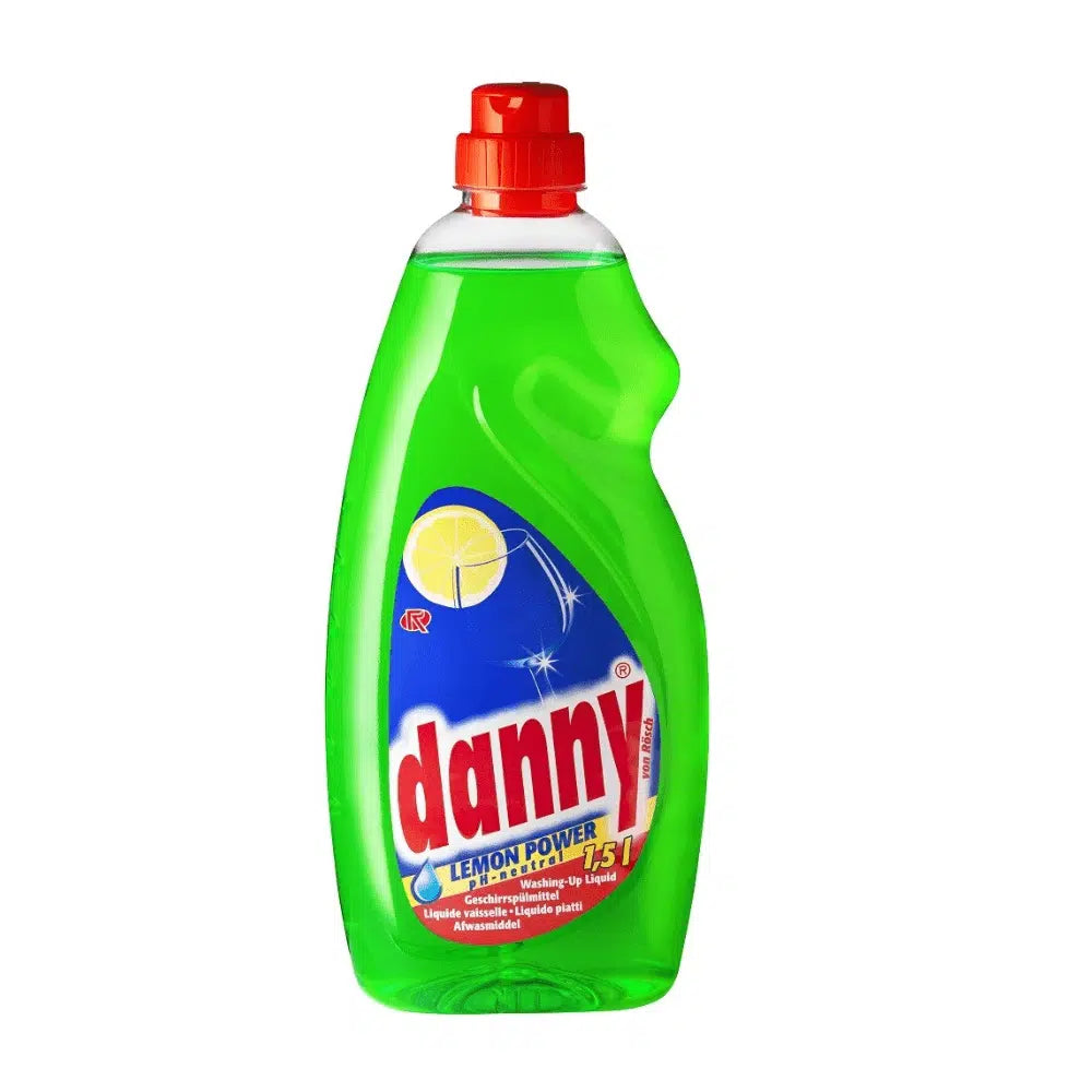 Lahev o objemu 1,5 litru Rösch Danny Lemon Power prostředek na mytí nádobí od Rösch Germany GmbH je k dispozici v zelené barvě a obsahuje účinnou citronovou vůni. S červeným uzávěrem a modrou etiketou s grafikou citronu tento prostředek na mytí nádobí zdůrazňuje svou schopnost rozpouštět tuky a je zároveň pH neutrální, což zajišťuje jemné, ale účinné čištění.