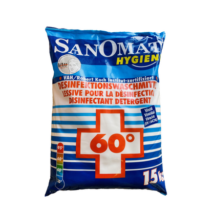 Balení 15 kg Rösch Sanomat Dezinfekční prací prostředek společnosti Rösch Germany GmbH je modro-červené a opatřeno nápadným červeným křížem. Je uvedeno na seznamu RKI, certifikováno VAH a vhodné pro teploty praní do 60 stupňů Celsia.