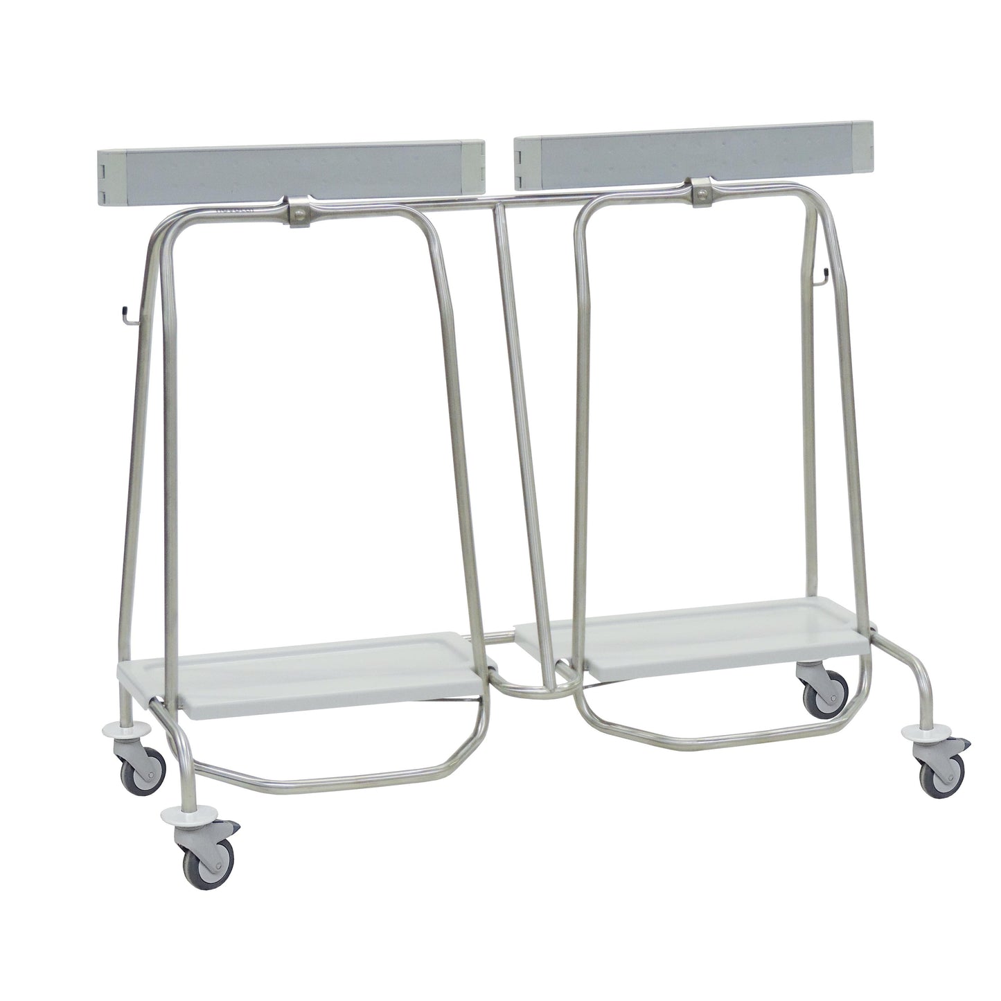 Der Novocal Zweifachabfallsammler "Genius" verfügt über einen Edelstahlrahmen mit vier Lenkrollen, zwei weißen Plattformen und oberen Stangen - ideal für eine effiziente Abfalltrennung. Alle Rohrverbindungen sind nahtlos verschweißt.