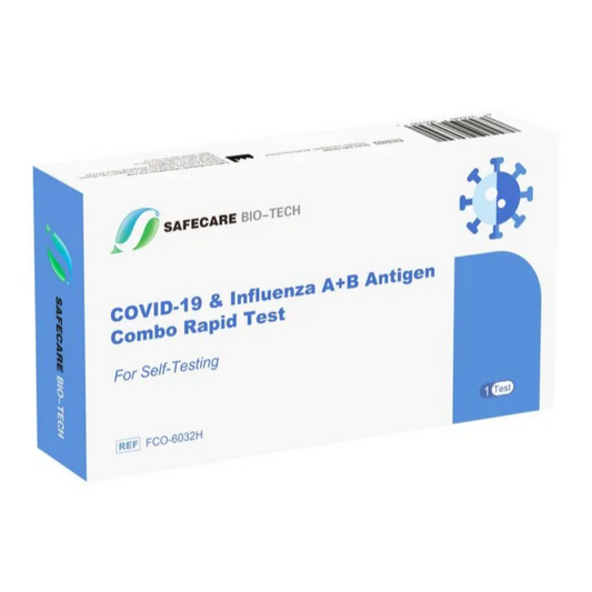 Eine weiß-blaue Box mit der Aufschrift „Safecare SAFECARE Covid19 & Influenza A+B Antigentest mit BfArM Zulassung | 1 Test“. Die Box ist mit einem Virussymbol versehen und trägt die Referenznummer FCO-6032H. Sie enthält einen Test für schnelle und zuverlässige Covid19-Antigentestergebnisse.