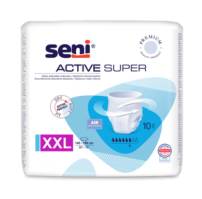 Balení po 10 kusech Seni Inkontinenční kalhotky Active Super XXL (obvod pasu 140–190 cm) od společnosti TZMO Deutschland GmbH určené pro osoby s inkontinencí, s prodyšnou technologií AIR, ochranou proti vlhkosti a značkou kvality na bílém podkladu.