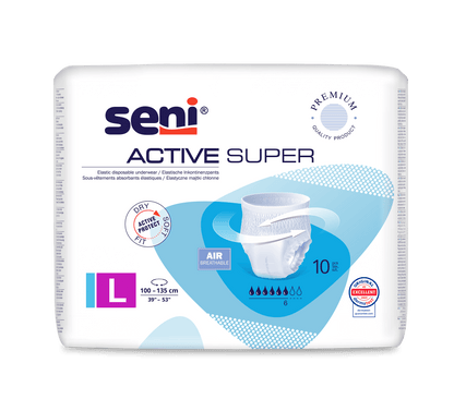 Jedno balení Seni Inkontinenční kalhotky Active Super od společnosti TZMO Deutschland GmbH, velikost LL (100–135 cm), s obrázky produktu, označením „prodyšné“ a symboly pro absorpci tekutin – ideální pro osoby s inkontinencí.