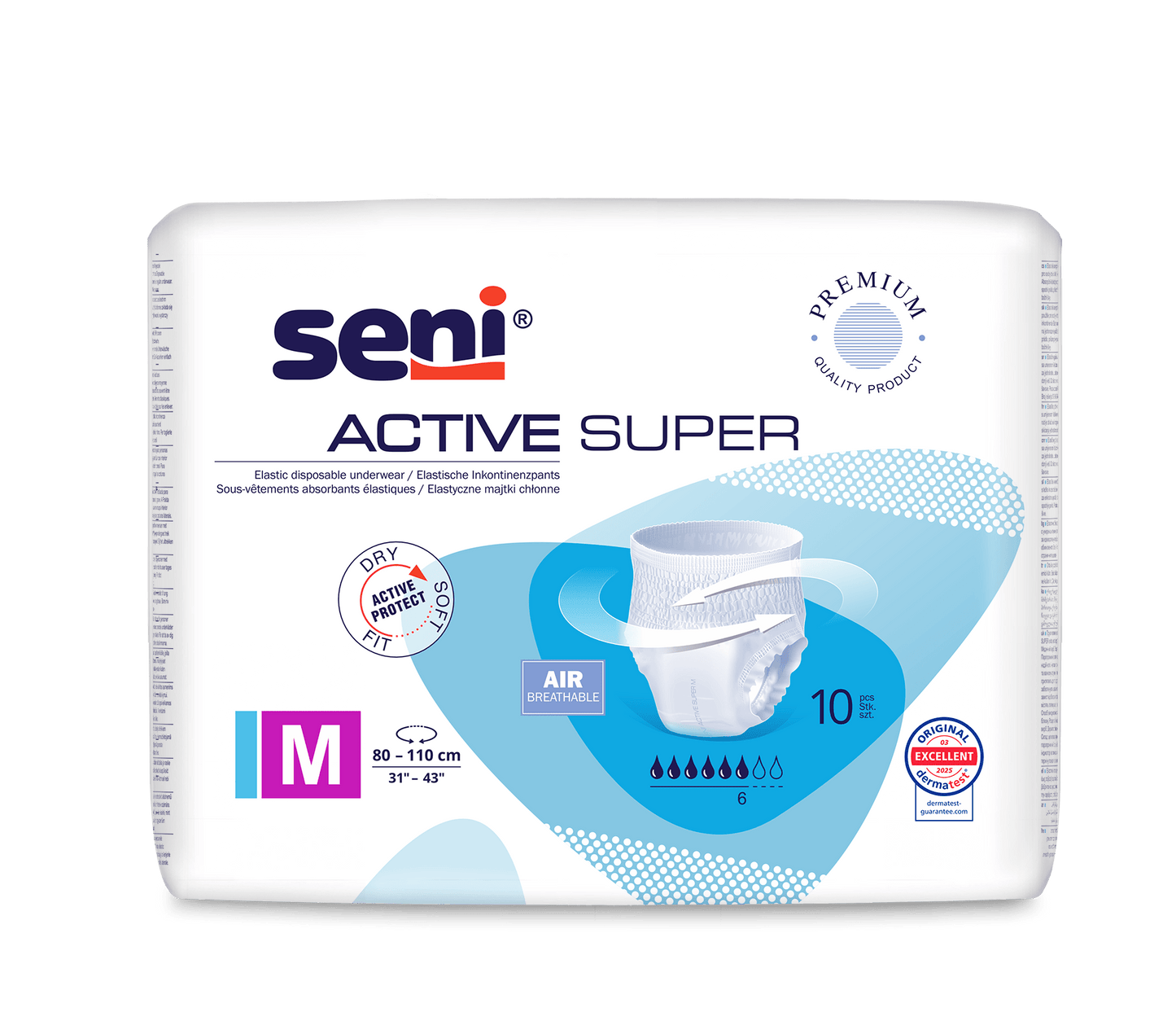 Seni Inkontinenční kalhotky Active Super od společnosti TZMO Deutschland GmbH, velikost M (80–110 cm), určené pro osoby s inkontinencí. Prodyšné, s indikátorem vlhkosti a certifikáty kvality. Každé balení obsahuje 10 kusů jednorázového spodního prádla.