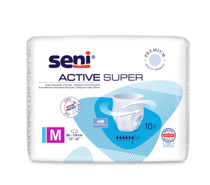 Seni Inkontinenční kalhotky Active Super od společnosti TZMO Deutschland GmbH, velikost M (80–110 cm), určené pro osoby s inkontinencí. Prodyšné, s indikátorem vlhkosti a certifikáty kvality. Každé balení obsahuje 10 kusů jednorázového spodního prádla.