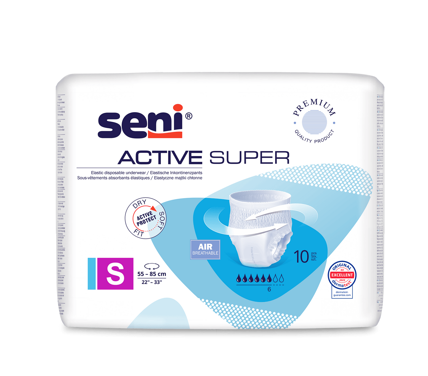Balení po 10 kusech Seni Inkontinenční kalhotky Active Super od společnosti TZMO Deutschland GmbH, velikost Small (55–85 cm), se dodávají v převážně bílém obalu s modrými prvky a zdůrazňují vlastnosti pro prodyšnost a savost.