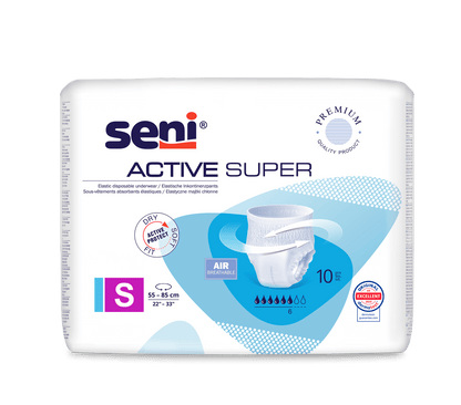 Balení po 10 kusech Seni Inkontinenční kalhotky Active Super od společnosti TZMO Deutschland GmbH, velikost Small (55–85 cm), se dodávají v převážně bílém obalu s modrými prvky a zdůrazňují vlastnosti pro prodyšnost a savost.