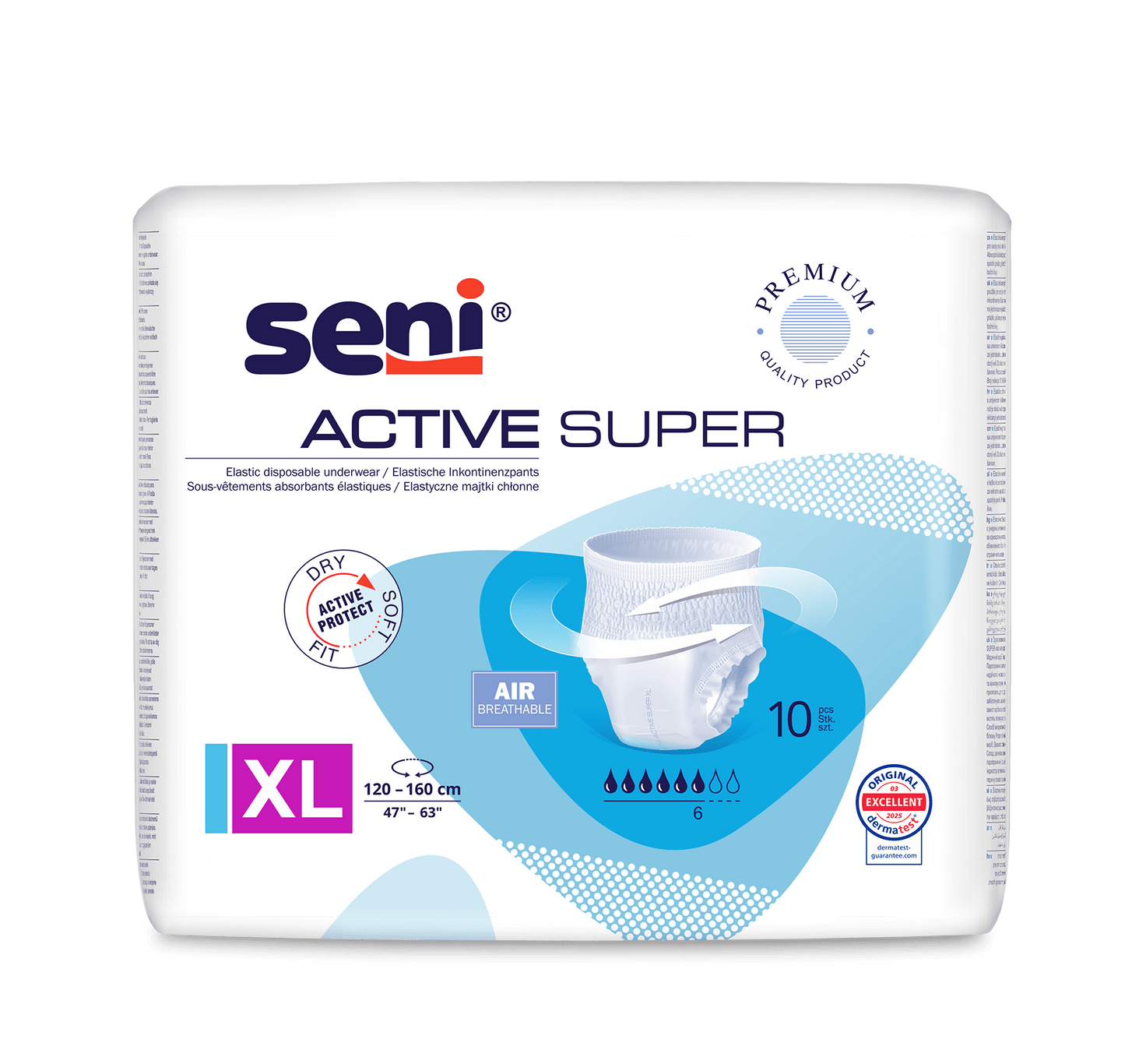 Ta Seni Inkontinenční kalhotky Active Super od společnosti TZMO Deutschland GmbH jsou k dispozici ve velikosti XL (120–160 cm), mají savost 10 kapek, jsou prodyšné a poskytují účinnou ochranu při úniku moči. Mají modro-bílý design s obrázkem produktu.